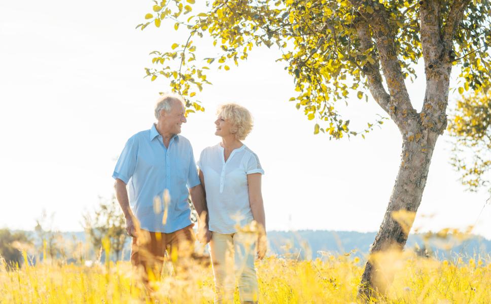 Elderly couple smiling and holding hands under a tree in Lyon County